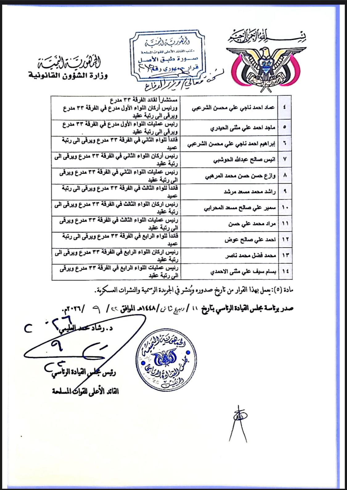 قرار رئاسي بإنشاء الفرقة 33 مدرع وتعيين العميد وجدي عبدالباقي قائداً لها وترقيته إلى رتبة لواء - قرار رئاسي بإنشاء الفرقة 33 مدرع وتعيين العميد وجدي عبدالباقي قائداً لها وترقيته إلى رتبة لواء -